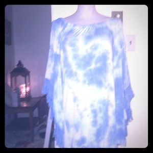 Sky Blue & White Tie Dye Mini. Dress with fringe.
